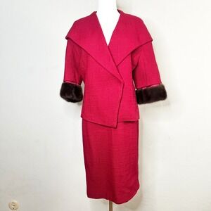 Escada Red Tweed Fur Trim Jacket Skirt Suit Set Size 38 Wool‎ Mink Germany